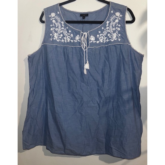 Talbots Tops - Talbots Woman 2X/1x Blue Cotton Embroidered Tassel Boho Tank Top